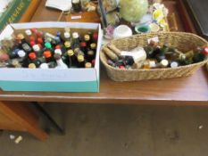 BOX OF MINIATURE BOTTLES, APPROX 54 PLUS A SMALL BASKET WITH OTHERS