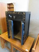 SMALL BLACK PAINTED ORIENTAL CABINET WITH BRASS HANDLES, 60CM HIGH