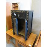 SMALL BLACK PAINTED ORIENTAL CABINET WITH BRASS HANDLES, 60CM HIGH