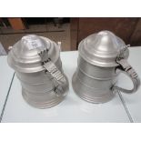 PAIR OF LARGE ALUMINIUM LIDDED TANKARDS, EACH APPROX 28CM MAX