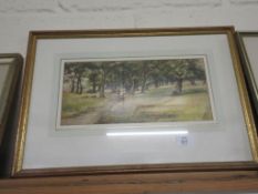 FRAMED UNSIGNED WATERCOLOUR OF A COUPLE IN A FOREST SCENE, 53CM WIDE