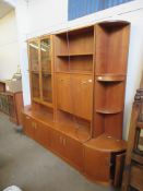 VERY LARGE RETRO G-PLAN TEAK DISPLAY/STORAGE UNIT WITH GLASS SHELVES AND LOWER CUPBOARDS, TOGETHER