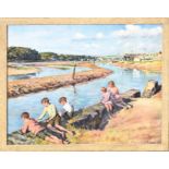 After Stanhope A Forbes, Children by an estuary wall, coloured print, 45 x 56cm