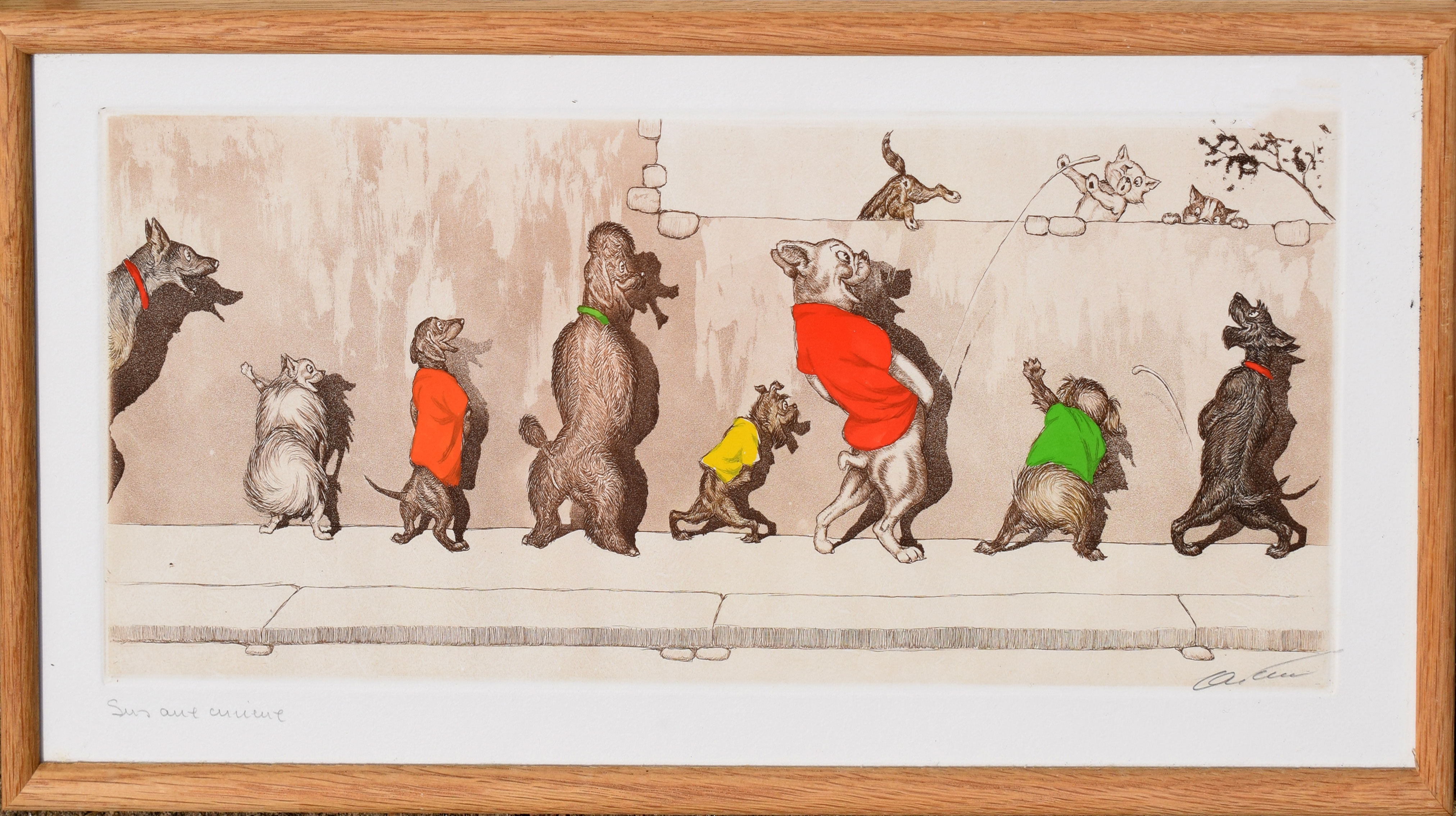 Boris O'Klein, comical cats and dogs, set of four coloured etchings, all signed and inscribed with - Image 3 of 4