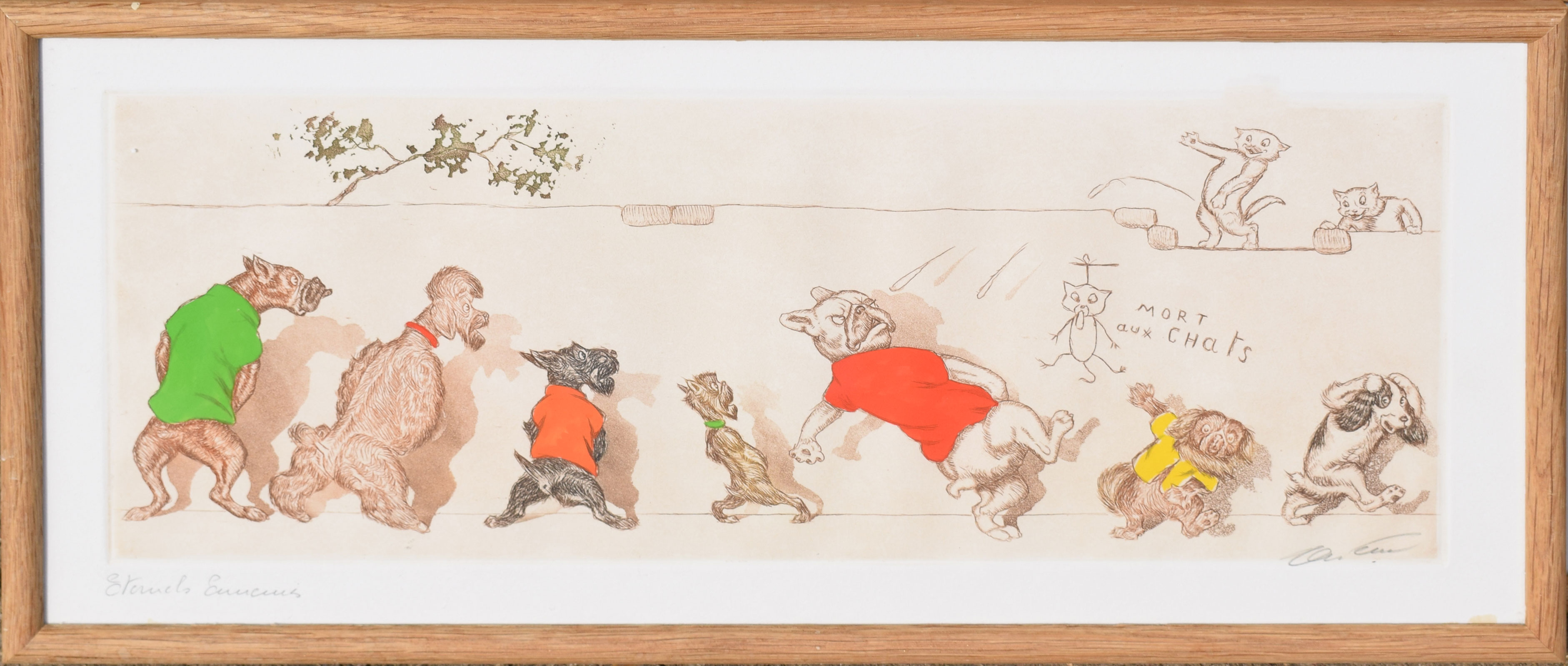 Boris O'Klein, comical cats and dogs, set of four coloured etchings, all signed and inscribed with