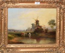 Thomas Creswick, Landscape with cattle before two mills, oil on canvas, signed lower left, 27 x 37cm