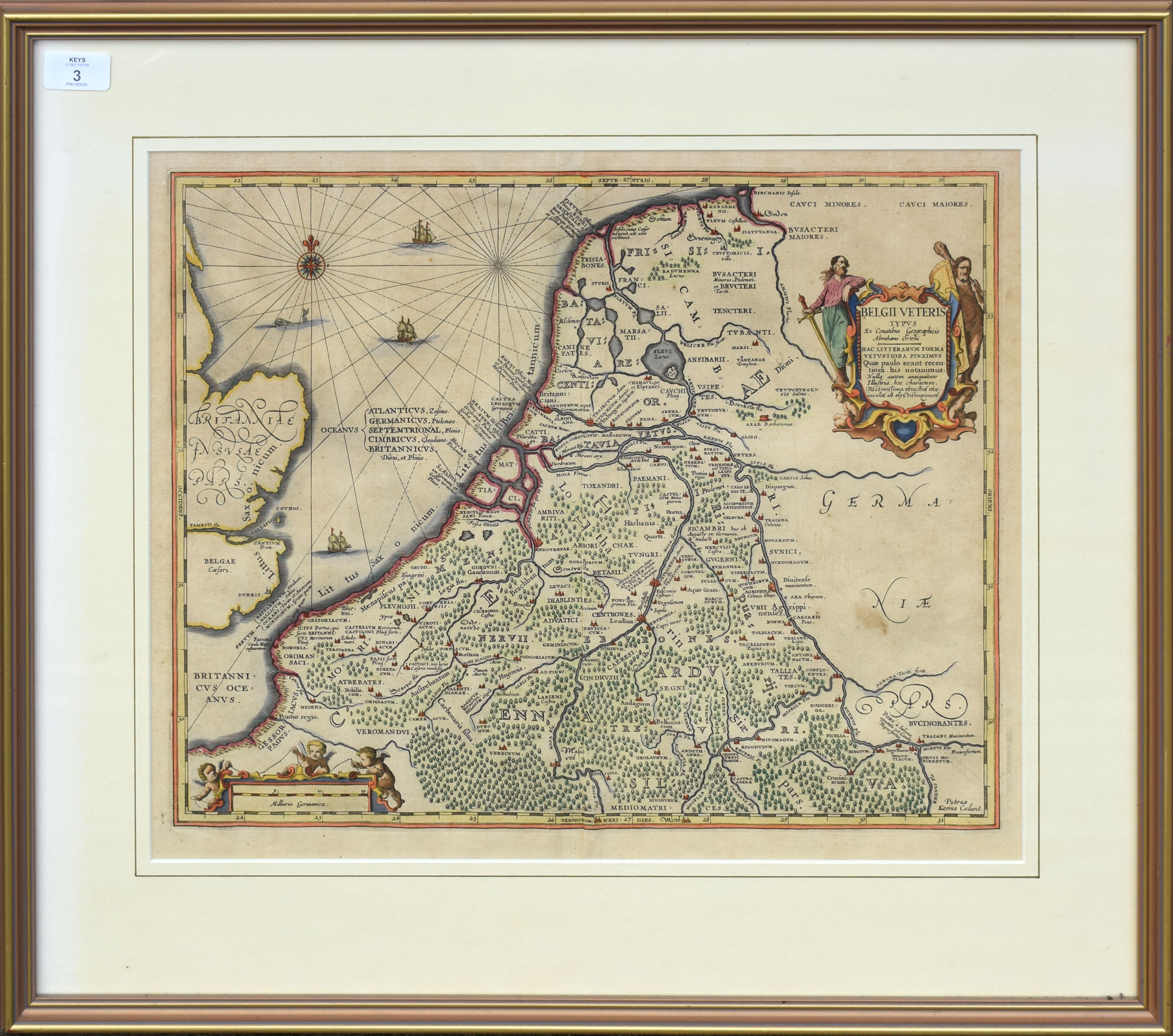 Abrahami Ortelii, hand coloured engraved map of Belgii Veteris, 39 x 48cm