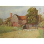 Fred Stratton, Landscape with figure and geese before a cottage, watercolour, signed lower left,