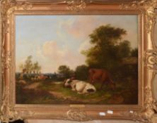 R Benedict, Landscape with cattle and figure, oil on canvas, indistinctly signed lower right, 43 x