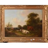 R Benedict, Landscape with cattle and figure, oil on canvas, indistinctly signed lower right, 43 x