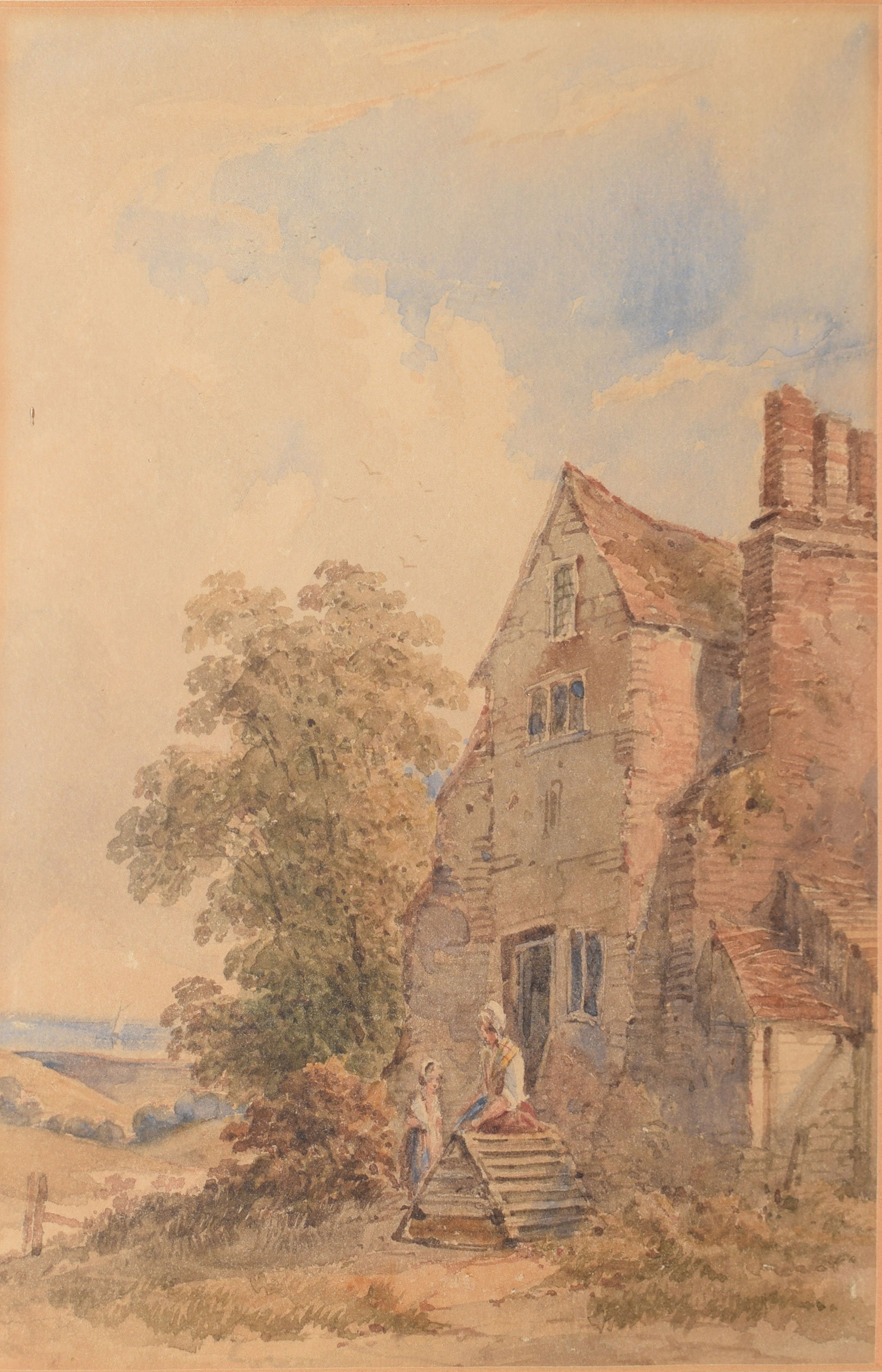 English School (19th century), Mother and child before a cottage, watercolour, 33 x 24cm