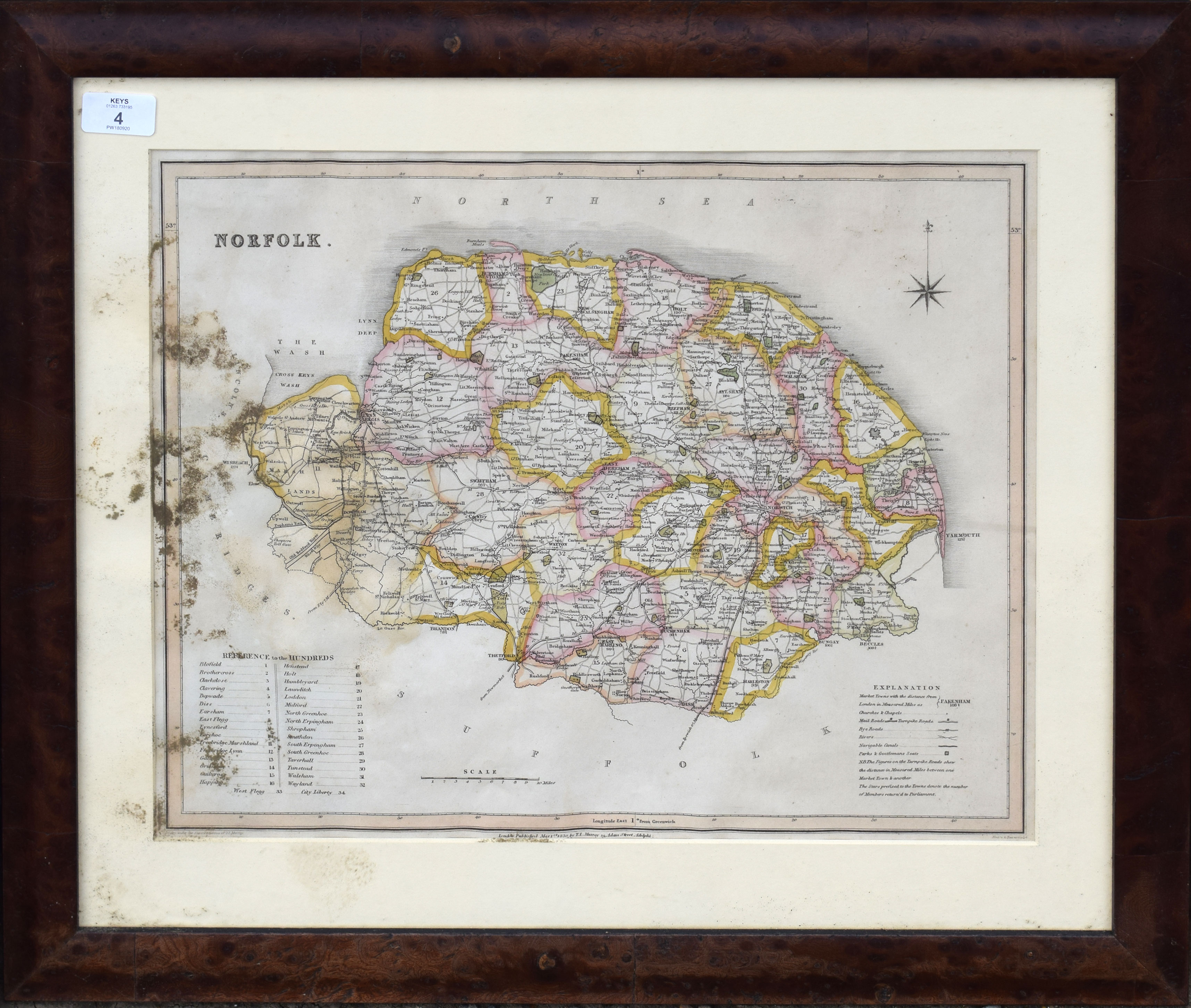 T I Murray, hand coloured engraved map of Norfolk, 35 x 45cm