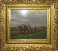 Geoffrey Mortimer, Ploughing scene, oil on board, signed lower right, 21 x 26cm