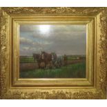 Geoffrey Mortimer, Ploughing scene, oil on board, signed lower right, 21 x 26cm