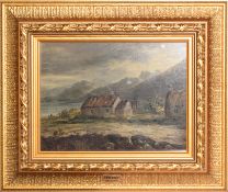 J Docharty, Lakeland scene with cottages, oil on canvas, 21 x 28cm