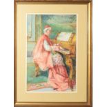 C Mannuci, Cardinal playing a piano, watercolour, signed top right, 38 x 24cm