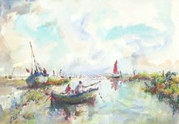 Jack Cox, Fishing boats in an estuary, watercolour, signed lower left, 24 x 34cm