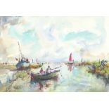 Jack Cox, Fishing boats in an estuary, watercolour, signed lower left, 24 x 34cm