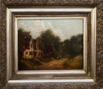 English School (19th century), Figure on horseback in country lane by a cottage, oil on canvas