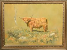 Kevin Cox, Bull in landscape, oil on canvas, signed and dated 83 lower left, 25 x 34cm