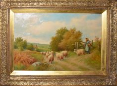 Singleton Jowett, Figure and sheep in country lane, oil on board, signed lower right, 29 x 44cm