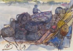 Jack Cox, Fishermen, fishing boat etc, watercolour, signed lower left, 23 x 33cm