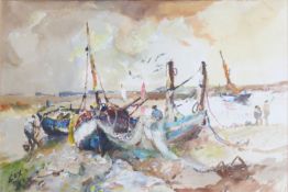 Jack Cox, Fishermen and fishing boats in an estuary, watercolour, signed lower left, 24 x 34cm