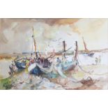 Jack Cox, Fishermen and fishing boats in an estuary, watercolour, signed lower left, 24 x 34cm