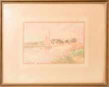 William Leslie Rackham, "Yacht reefed near Horning Church", watercolour, signed and inscribed with