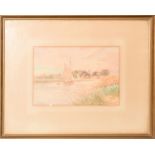 William Leslie Rackham, "Yacht reefed near Horning Church", watercolour, signed and inscribed with