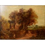 Circle of John Constable, Landscape with figure before a cottage, oil on panel, 33 x 43cm, unframed