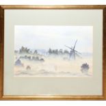 Peter Bearman, Misty landscape with mill, watercolour, signed lower left, 23 x 40cm