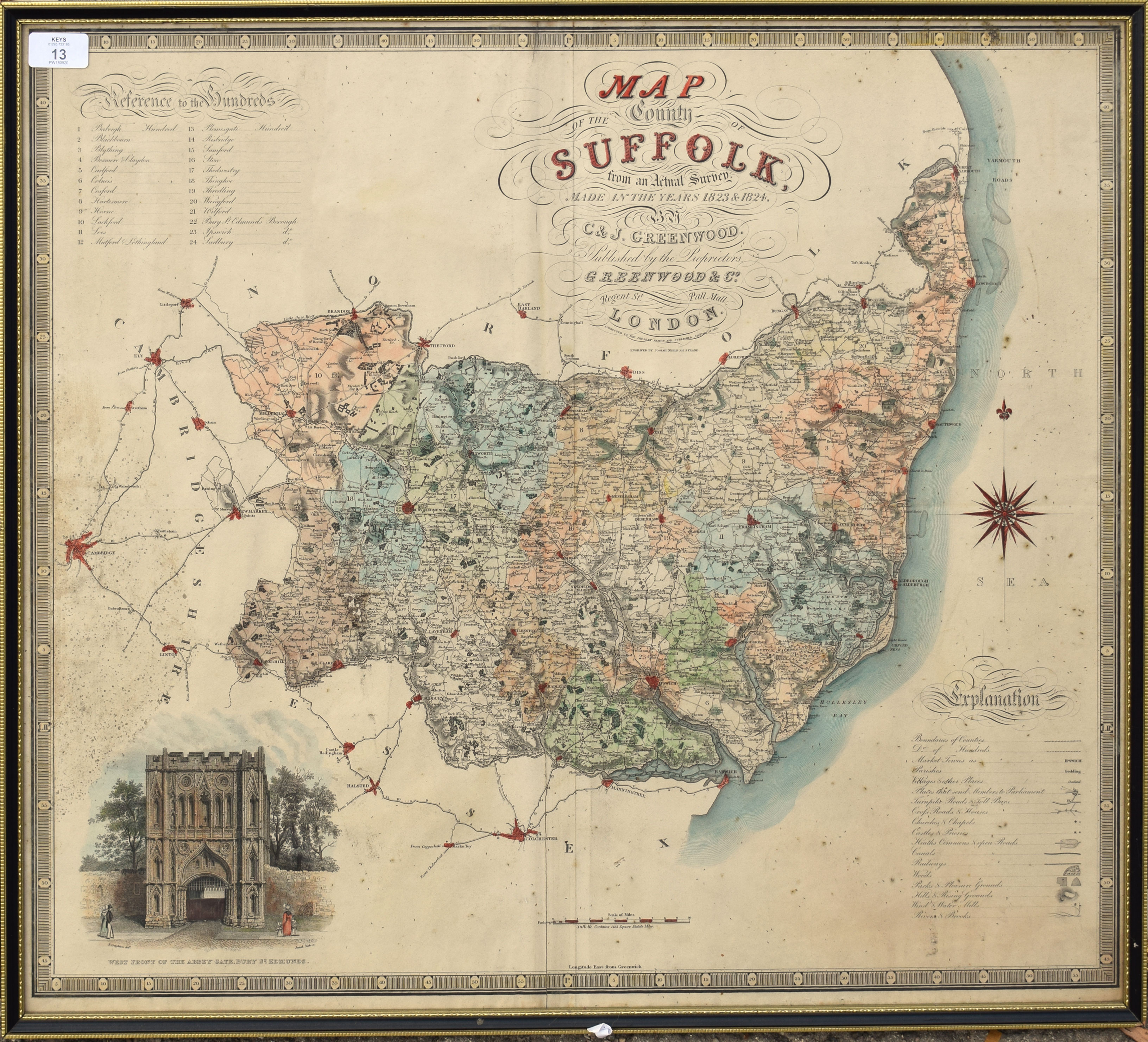 C & J Greenwood, hand coloured engraved map of the County of Suffolk, 60 x 70cm