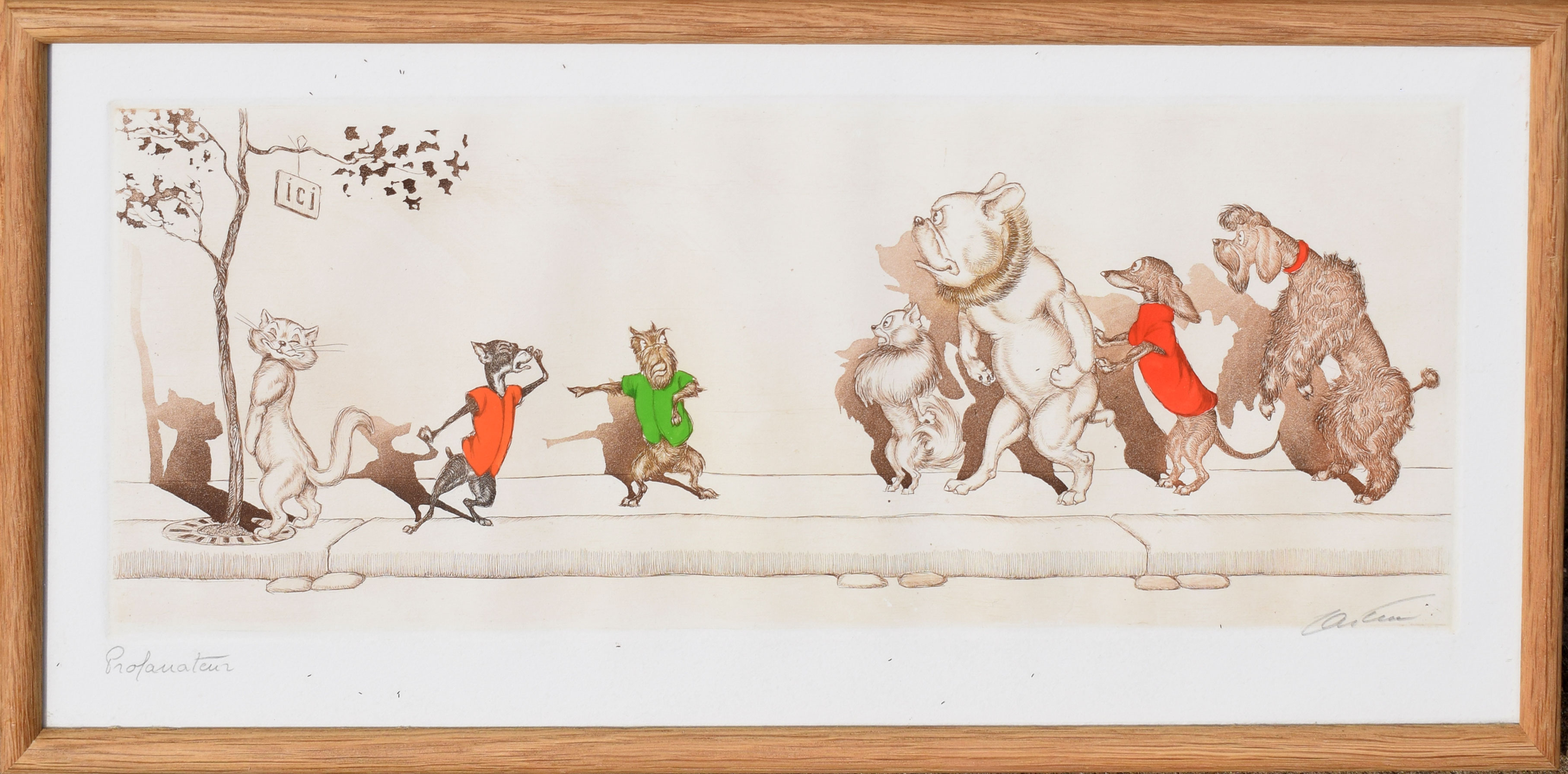 Boris O'Klein, comical cats and dogs, set of four coloured etchings, all signed and inscribed with - Image 2 of 4