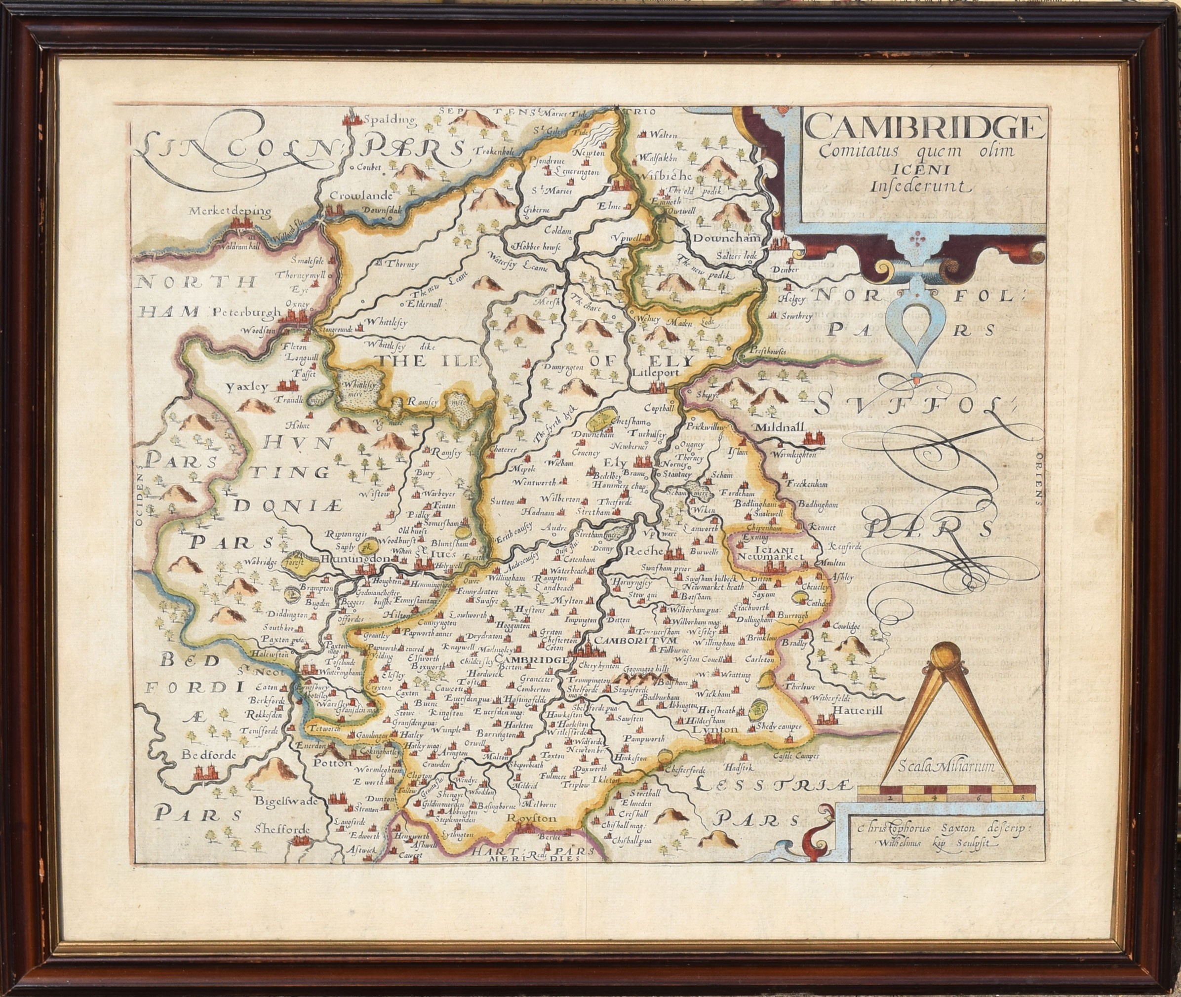Christopher Saxton/Wilhelmus Kip, hand coloured engraved map of Cambridge, 29 x 32cm