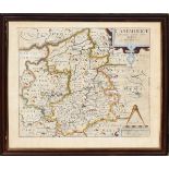 Christopher Saxton/Wilhelmus Kip, hand coloured engraved map of Cambridge, 29 x 32cm