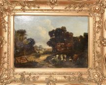 English School (19th century), Landscape with figure and cattle before a cottage, oil on canvas,