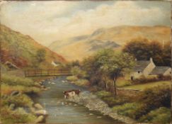 E Winstanley, River landscape with cattle, oil on canvas, signed and dated 1921 lower left, 41 x