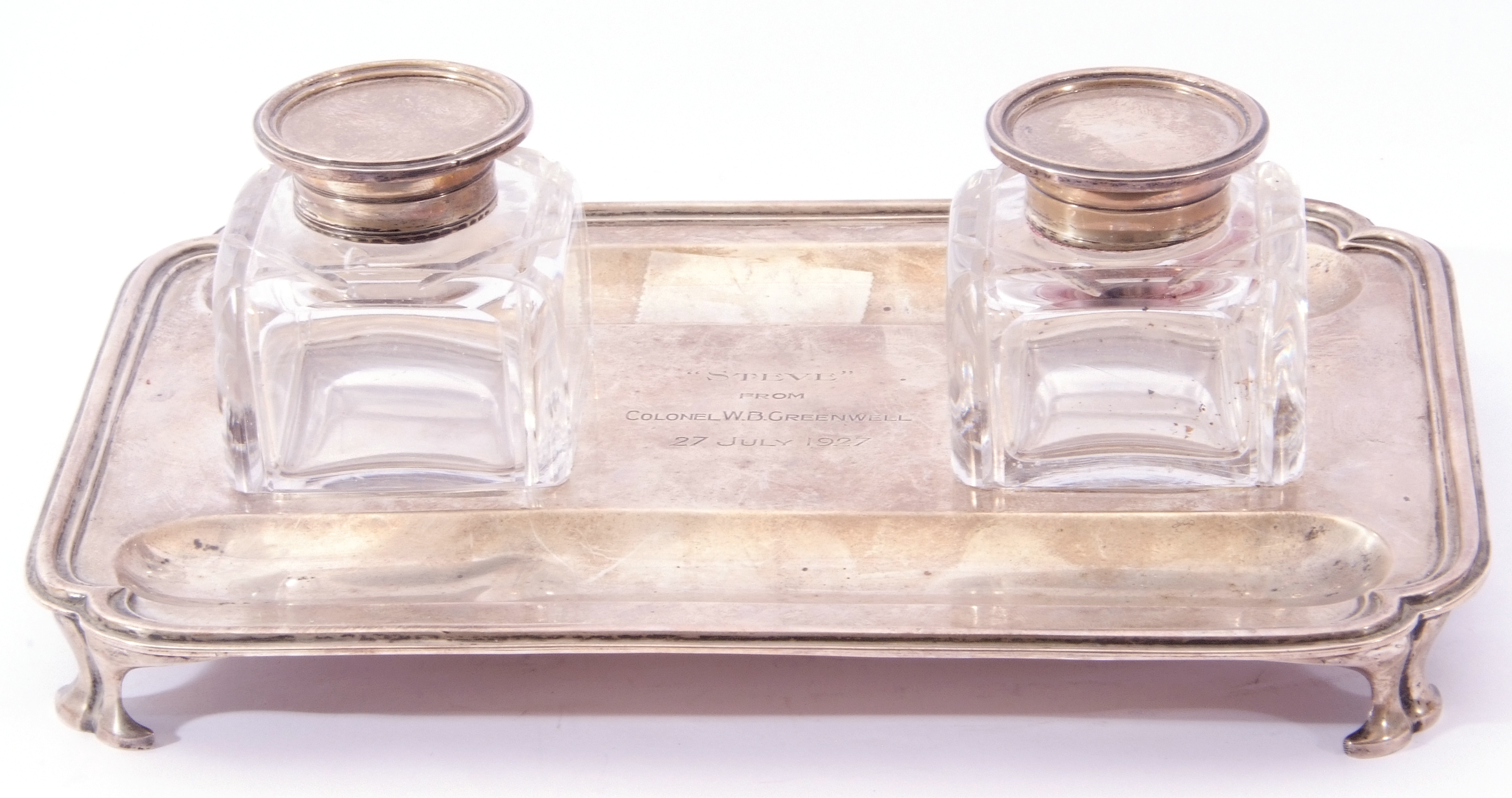 Early 20th Century ink and pen stand of shaped rectangular form, having two glass ink wells with - Image 2 of 4