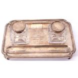 Early 20th Century ink and pen stand of shaped rectangular form, having two glass ink wells with