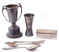 Mixed lot. Hall marked silver twin handled Trophy with presentation inscription on a plastic
