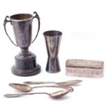 Mixed lot. Hall marked silver twin handled Trophy with presentation inscription on a plastic