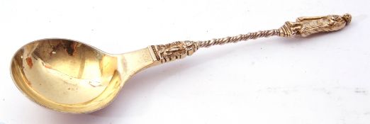 Large Victorian silver Apostle spoon, the large circular gilt lined bowl to a twist stem and Apostle