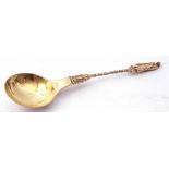 Large Victorian silver Apostle spoon, the large circular gilt lined bowl to a twist stem and Apostle