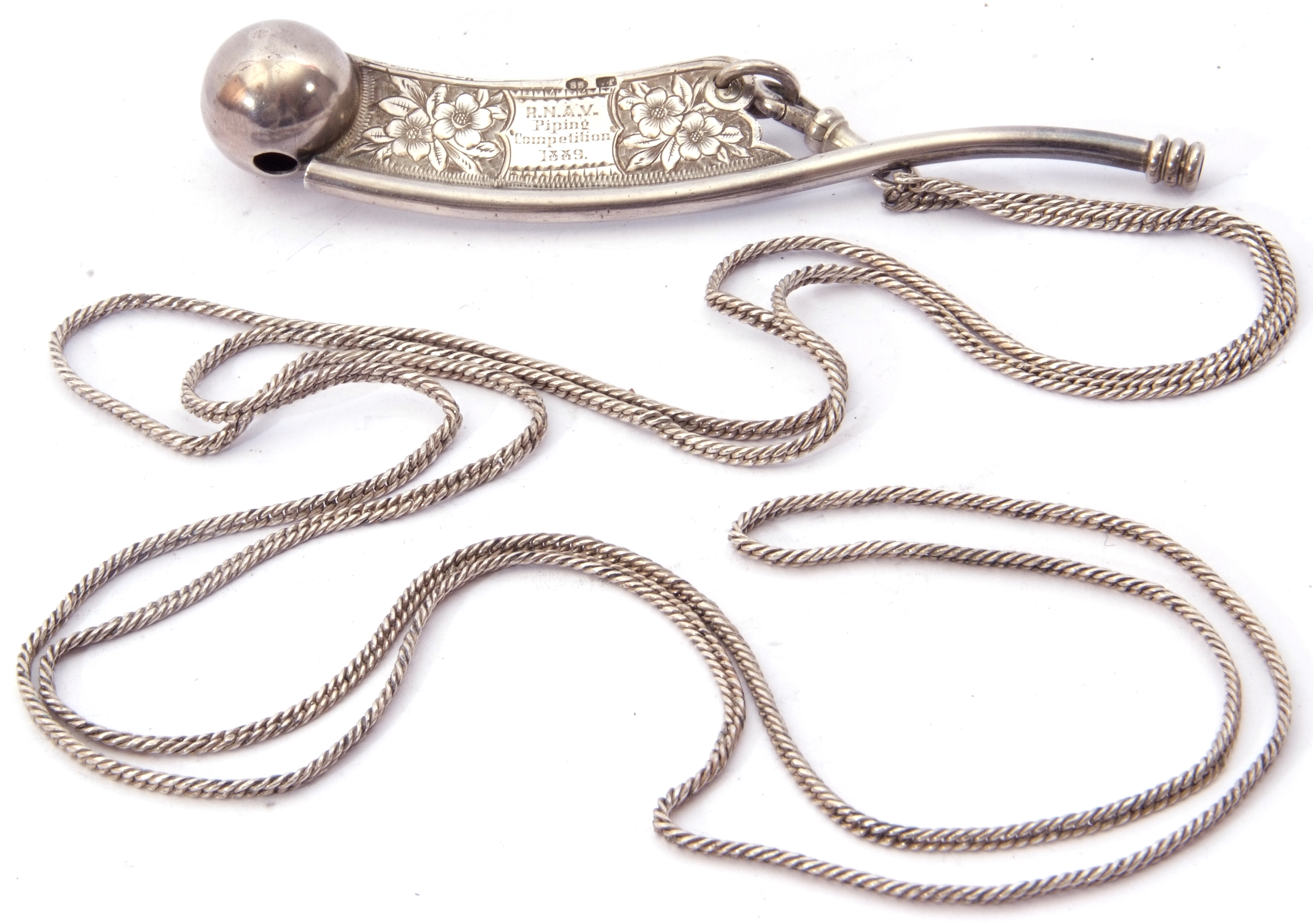 Victorian Bosun's whistle with suspension ring and contemporary engraved inscription, "RNAB PIPING