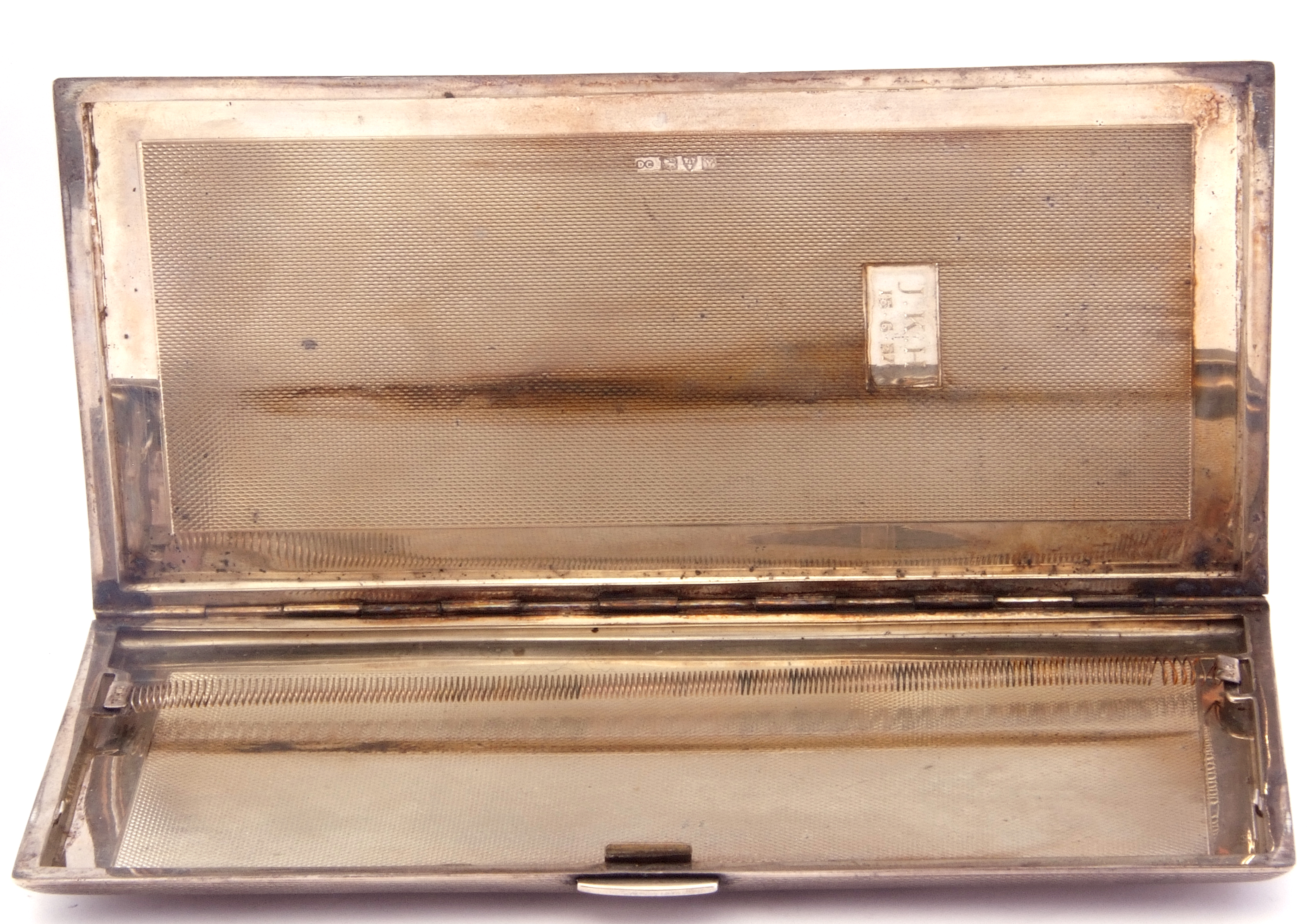 Mid 20 century large silver cigarette case of rectangular form with engine turned decoration, push - Image 4 of 4