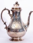 Victorian silver plate coffee pot, circa 1850, engraved scroll detail, acorn finial, capped scroll