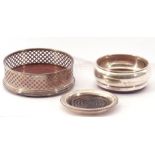 Mixed lot (3). Elizabeth II Silver Wine Bottle Coaster, circular form, geometric pierced design,