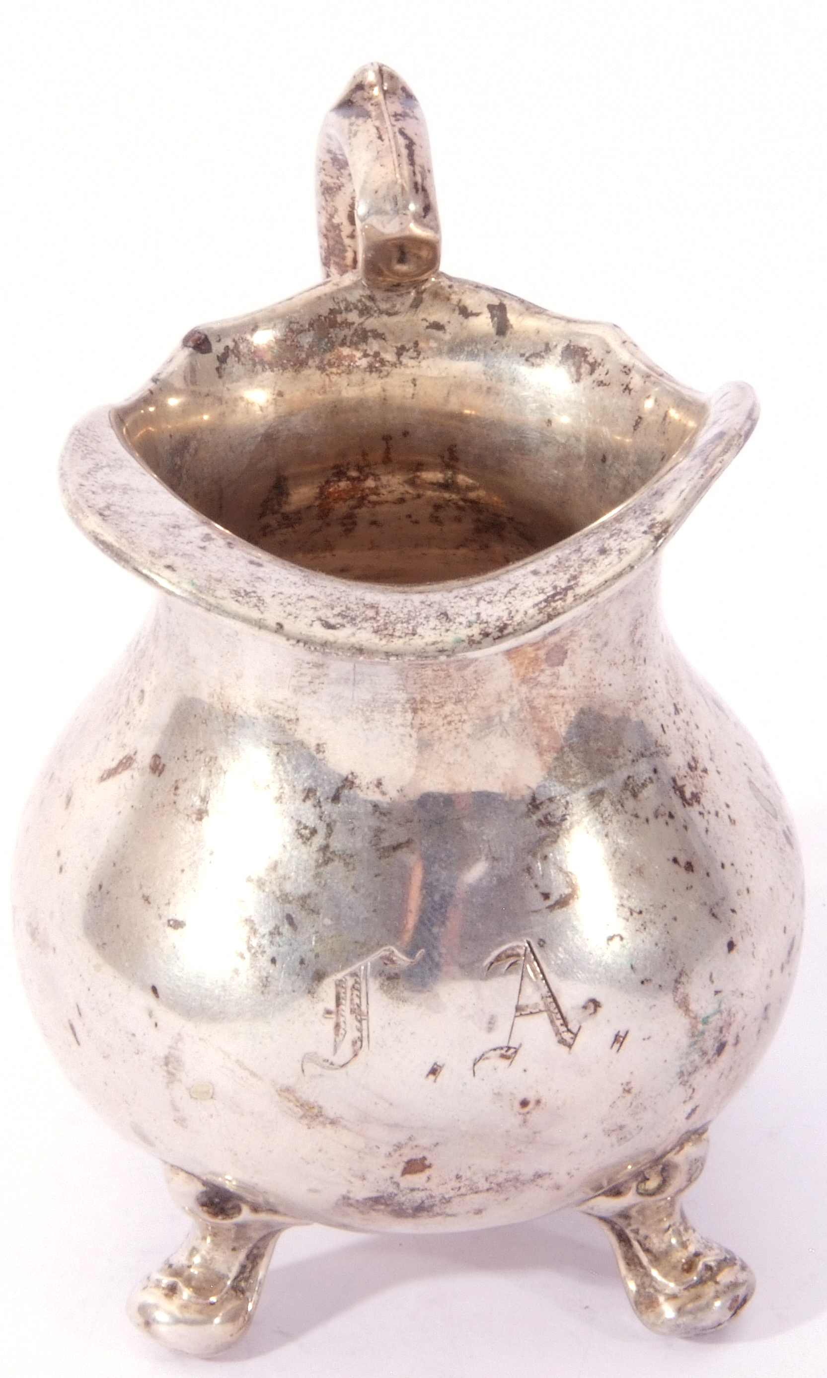 Continental white metal small cream jug of round bellied form with ornate scroll handle, capped - Image 5 of 6