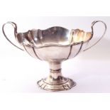 George V pedestal fruit bowl of shaped oval form with wavy edge to top and foot, pierced looped